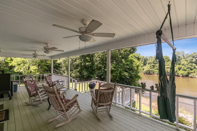 876 Boat Landing Rd, Gordon, AL 36343 - wooden terrace featuring a water view, a ceiling fan, and view of wooded area