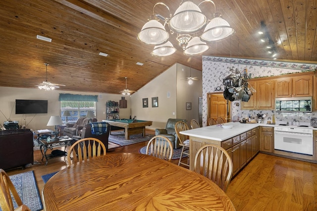 876 Boat Landing Rd, Gordon, AL 36343 - dining room featuring wooden ceiling, lofted ceiling, a ceiling fan, light wood-style flooring, and pool table