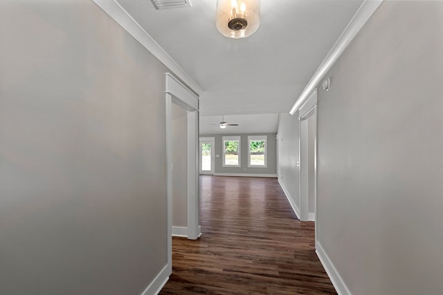 corridor featuring crown molding and dark hardwood / wood-style floors