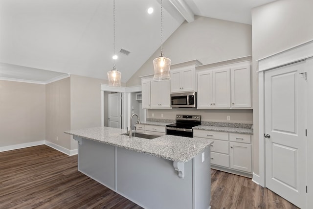 kitchen featuring appliances with stainless steel finishes, sink, dark hardwood / wood-style floors, white cabinetry, and an island with sink