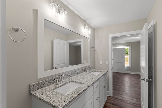 bathroom with vanity and hardwood / wood-style flooring