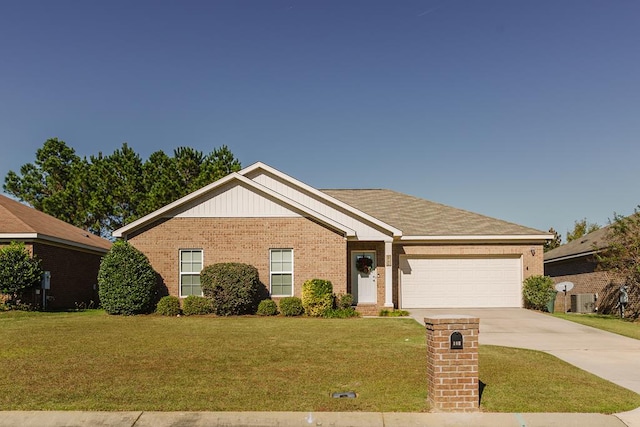 ranch-style house featuring a garage, driveway, brick siding, and a front yard