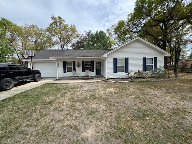 ranch-style house featuring a porch, a garage, a front yard, and concrete driveway