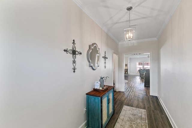 318 Oconee Dr, Midland City, AL 36350 - hallway with dark wood-type flooring, a chandelier, ornamental molding, and baseboards