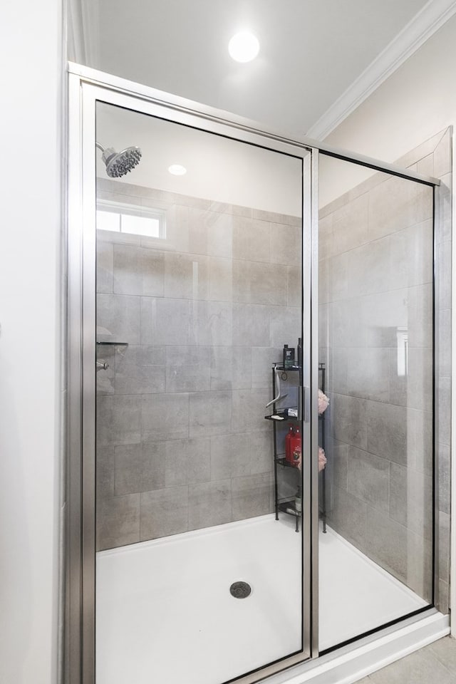 318 Oconee Dr, Midland City, AL 36350 - bathroom with a stall shower, crown molding, and recessed lighting