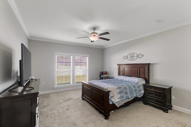 318 Oconee Dr, Midland City, AL 36350 - bedroom with light carpet, crown molding, baseboards, and ceiling fan