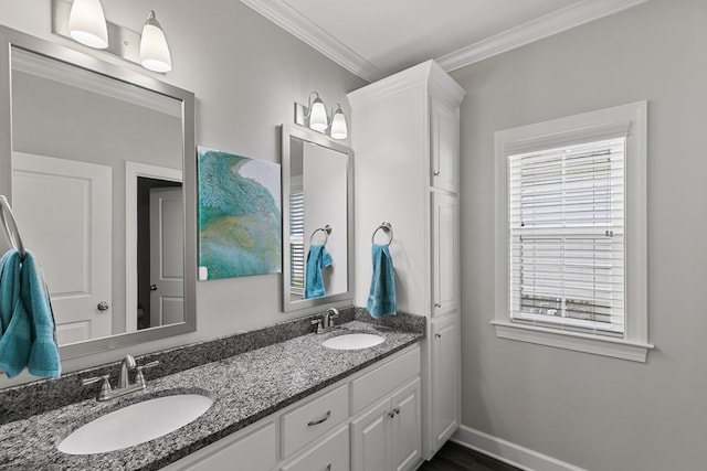 318 Oconee Dr, Midland City, AL 36350 - bathroom with crown molding, double vanity, and baseboards