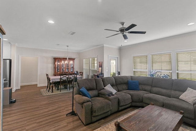 318 Oconee Dr, Midland City, AL 36350 - living room featuring a ceiling fan, baseboards, recessed lighting, a chandelier, and dark wood finished floors