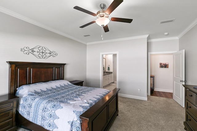 318 Oconee Dr, Midland City, AL 36350 - bedroom with ornamental molding, light colored carpet, baseboards, a ceiling fan, and connected bathroom