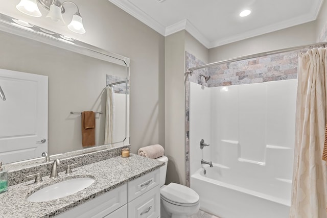 full bathroom featuring ornamental molding, vanity, shower / bath combo with shower curtain, and toilet