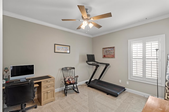 office with ceiling fan, crown molding, and light carpet