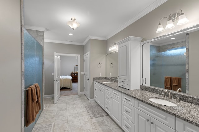 bathroom with ornamental molding, walk in shower, and vanity