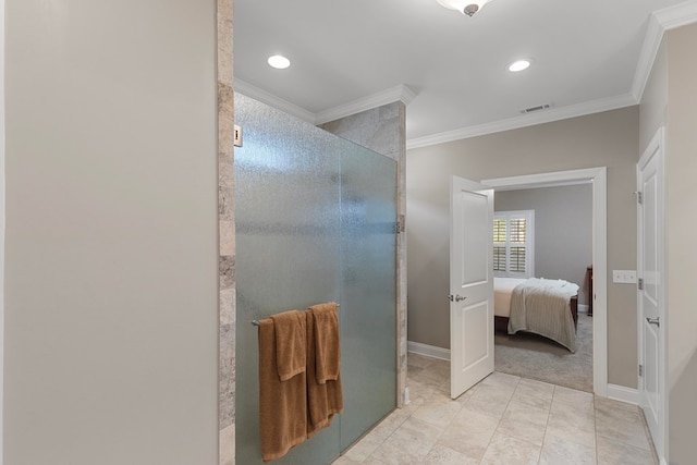 bathroom with walk in shower and crown molding