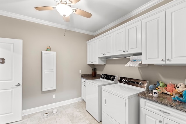 washroom with ornamental molding, cabinets, washing machine and clothes dryer, and ceiling fan