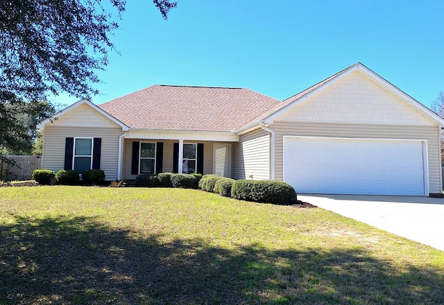 ranch-style home featuring a front lawn, concrete driveway, a shingled roof, and an attached garage