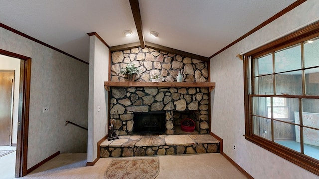 2104 Centenial Dr, Dothan, AL 36303 - detailed view of crown molding, carpet, beam ceiling, and a stone fireplace