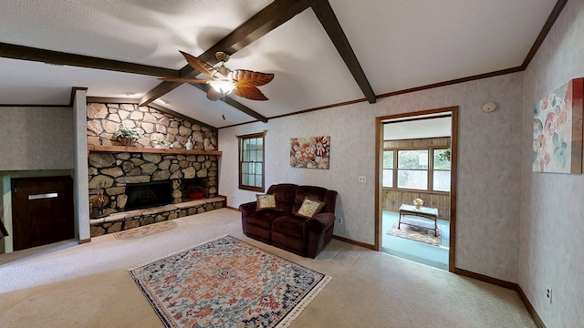 2104 Centenial Dr, Dothan, AL 36303 - carpeted living area with a ceiling fan, a fireplace, and crown molding