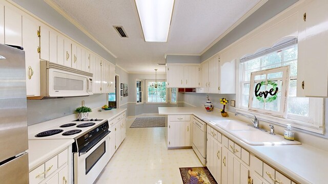 2104 Centenial Dr, Dothan, AL 36303 - kitchen with white appliances, crown molding, light countertops, and a peninsula