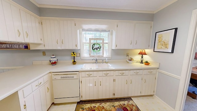 2104 Centenial Dr, Dothan, AL 36303 - kitchen featuring white dishwasher, light countertops, and crown molding