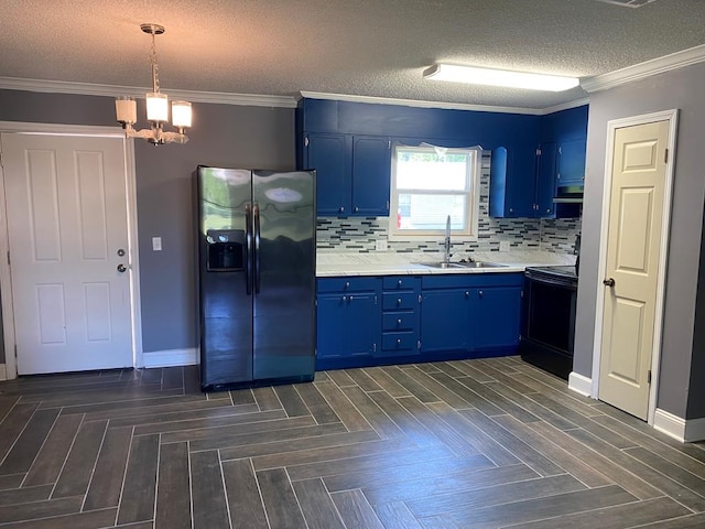 kitchen with black electric range oven, stainless steel fridge with ice dispenser, sink, and blue cabinets