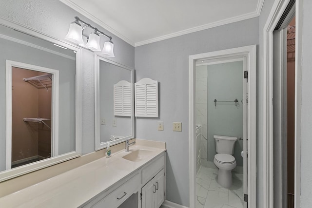 1104 Strathmore Ave, Dothan, AL 36303 - bathroom featuring marble finish flooring, vanity, ornamental molding, and a spacious closet