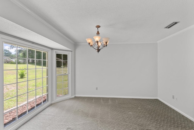1104 Strathmore Ave, Dothan, AL 36303 - unfurnished room featuring a chandelier, crown molding, a textured ceiling, and carpet