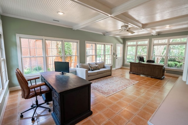 tiled home office with beamed ceiling, ceiling fan, crown molding, and coffered ceiling