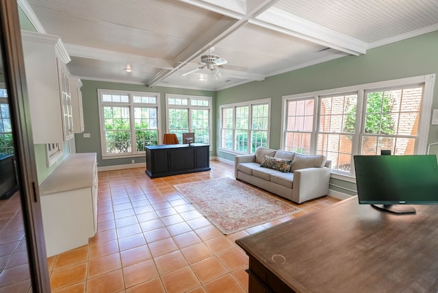 sunroom with beam ceiling and ceiling fan