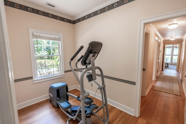 exercise area featuring crown molding and wood-type flooring