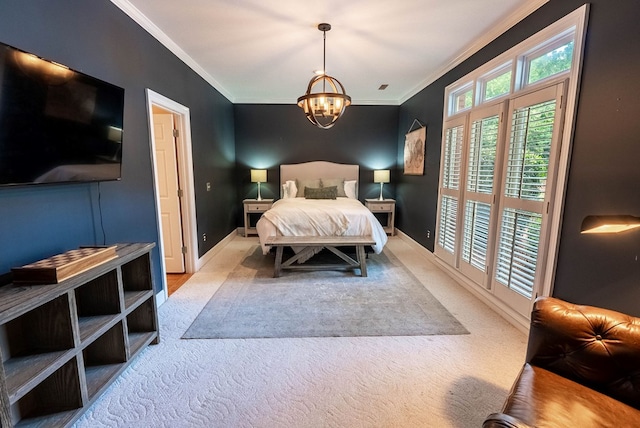 bedroom with light carpet, a chandelier, and ornamental molding