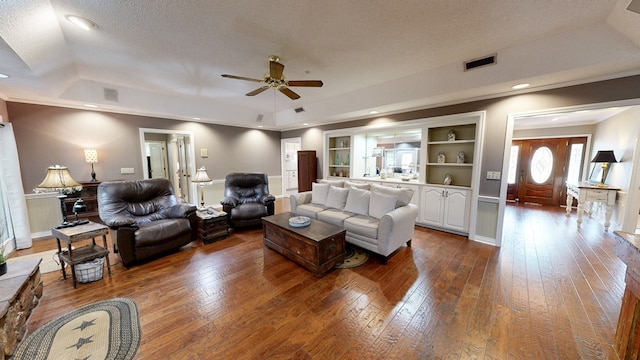 103 Yorkshire St, Dothan, AL 36305 - living area with a raised ceiling, a ceiling fan, hardwood / wood-style flooring, a textured ceiling, and recessed lighting