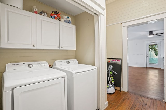 307 S Academy St, Geneva, AL 36340 - washroom with cabinet space, washer and dryer, hardwood / wood-style floors, and ceiling fan