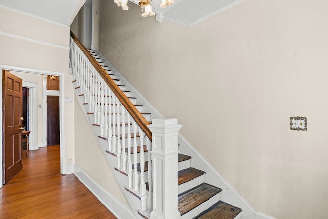 307 S Academy St, Geneva, AL 36340 - stairway with wood finished floors, crown molding, baseboards, and a chandelier