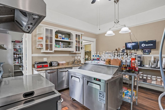 307 S Academy St, Geneva, AL 36340 - kitchen featuring dark wood-style floors, extractor fan, open shelves, stainless steel dishwasher, and pendant lighting