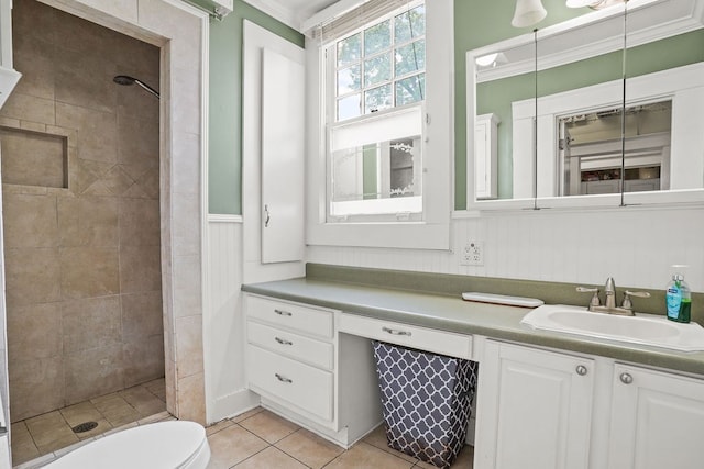 307 S Academy St, Geneva, AL 36340 - full bathroom featuring a shower stall, vanity, tile patterned floors, toilet, and crown molding