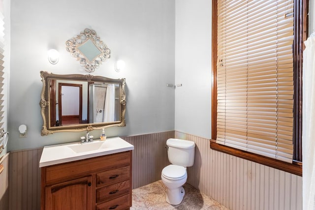 bathroom featuring vanity, toilet, and wooden walls