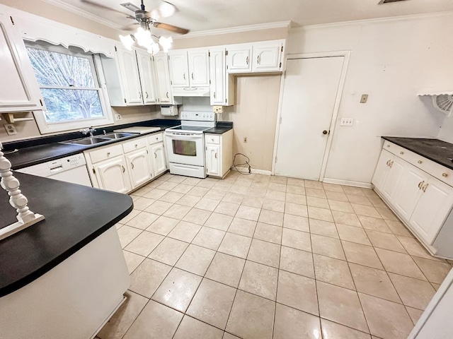 kitchen featuring white cabinets, white appliances, sink, and ornamental molding