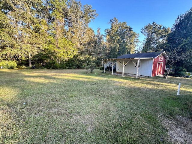 view of yard with a storage shed