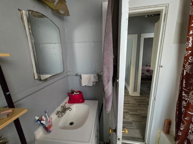 bathroom with wood finished floors and vanity