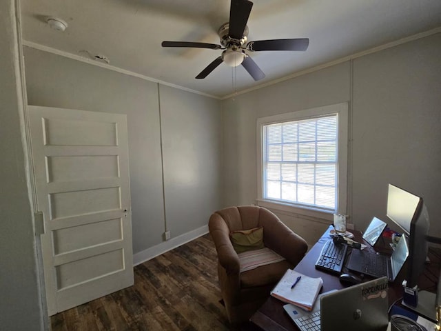 office space featuring a ceiling fan, crown molding, baseboards, and wood finished floors