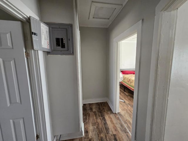 hall featuring attic access, electric panel, baseboards, and wood finished floors