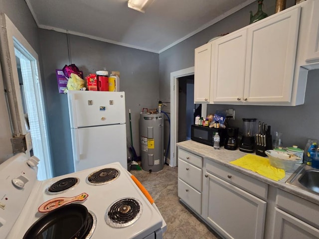 kitchen with light countertops, ornamental molding, electric water heater, white cabinetry, and white appliances