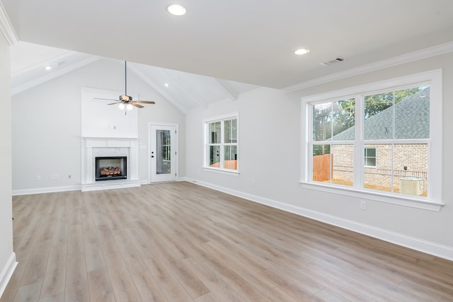 103 Cleo Ct, Enterprise, AL 36330 - unfurnished living room with light wood-type flooring, recessed lighting, a ceiling fan, a fireplace with raised hearth, and ornamental molding