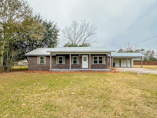 ranch-style house with a carport, a porch, and a front yard