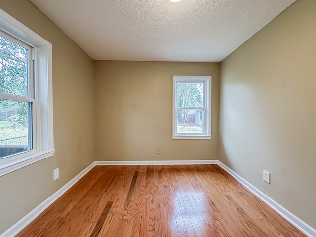 unfurnished room with a wealth of natural light, a textured ceiling, and light wood-type flooring