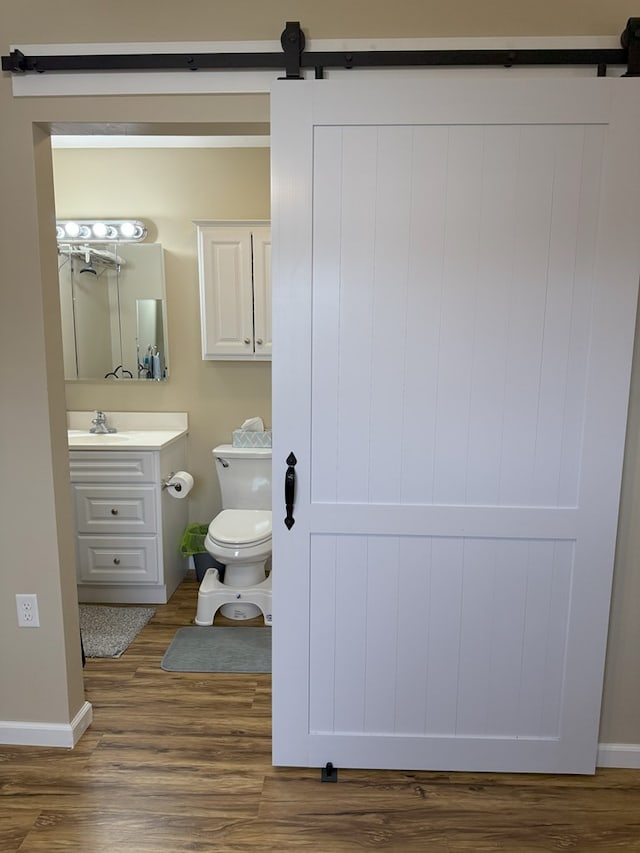 bathroom with vanity, wood-type flooring, and toilet