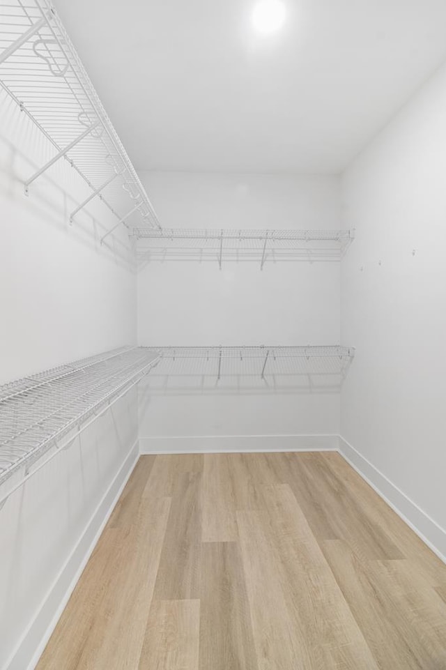 walk in closet with light hardwood / wood-style floors