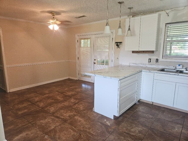 901 Grove St, Cottonwood, AL 36320 - kitchen featuring crown molding, plenty of natural light, a peninsula, white cabinets, and hanging light fixtures