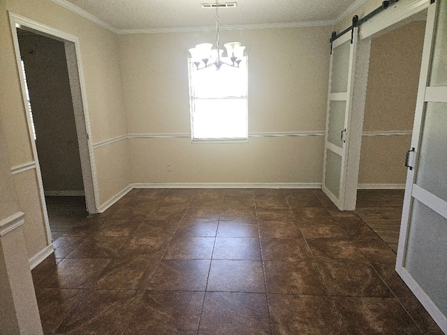 901 Grove St, Cottonwood, AL 36320 - unfurnished dining area featuring a barn door, crown molding, and a chandelier