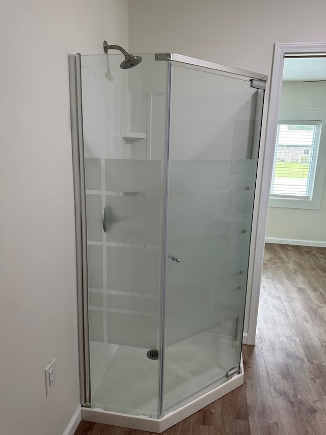 bathroom with hardwood / wood-style flooring and walk in shower